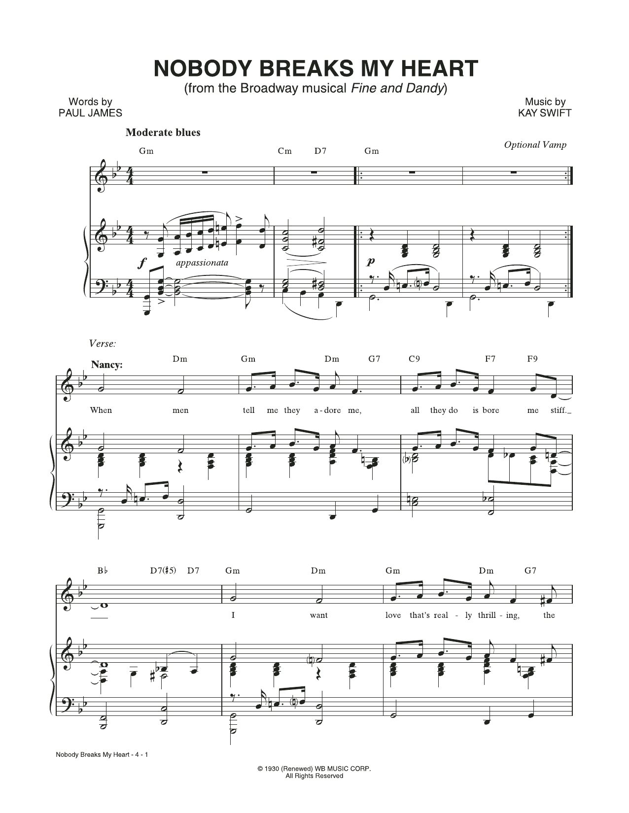 Kay Swift & Paul James Nobody Breaks My Heart (from the musical Fine and Dandy) sheet music notes and chords arranged for Piano & Vocal