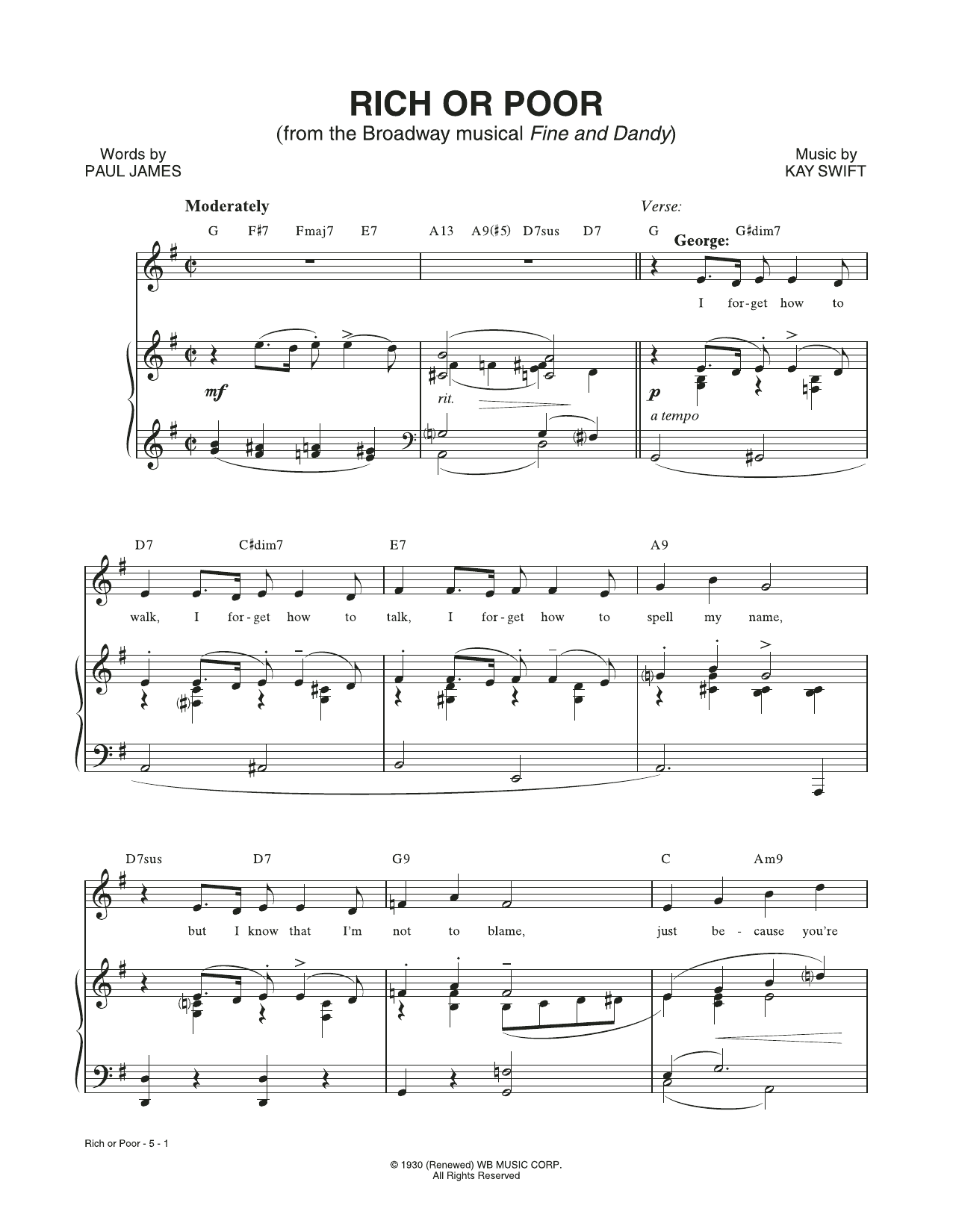 Kay Swift & Paul James Rich Or Poor (from the musical Fine and Dandy) sheet music notes and chords arranged for Piano & Vocal