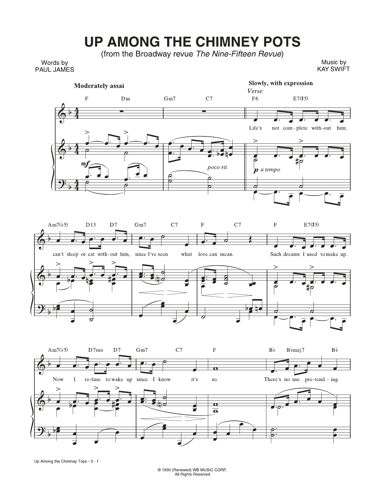 Kay Swift & Paul James Up Among The Chimney Pots (from The Nine-Fifteen Revue) sheet music notes and chords arranged for Piano & Vocal
