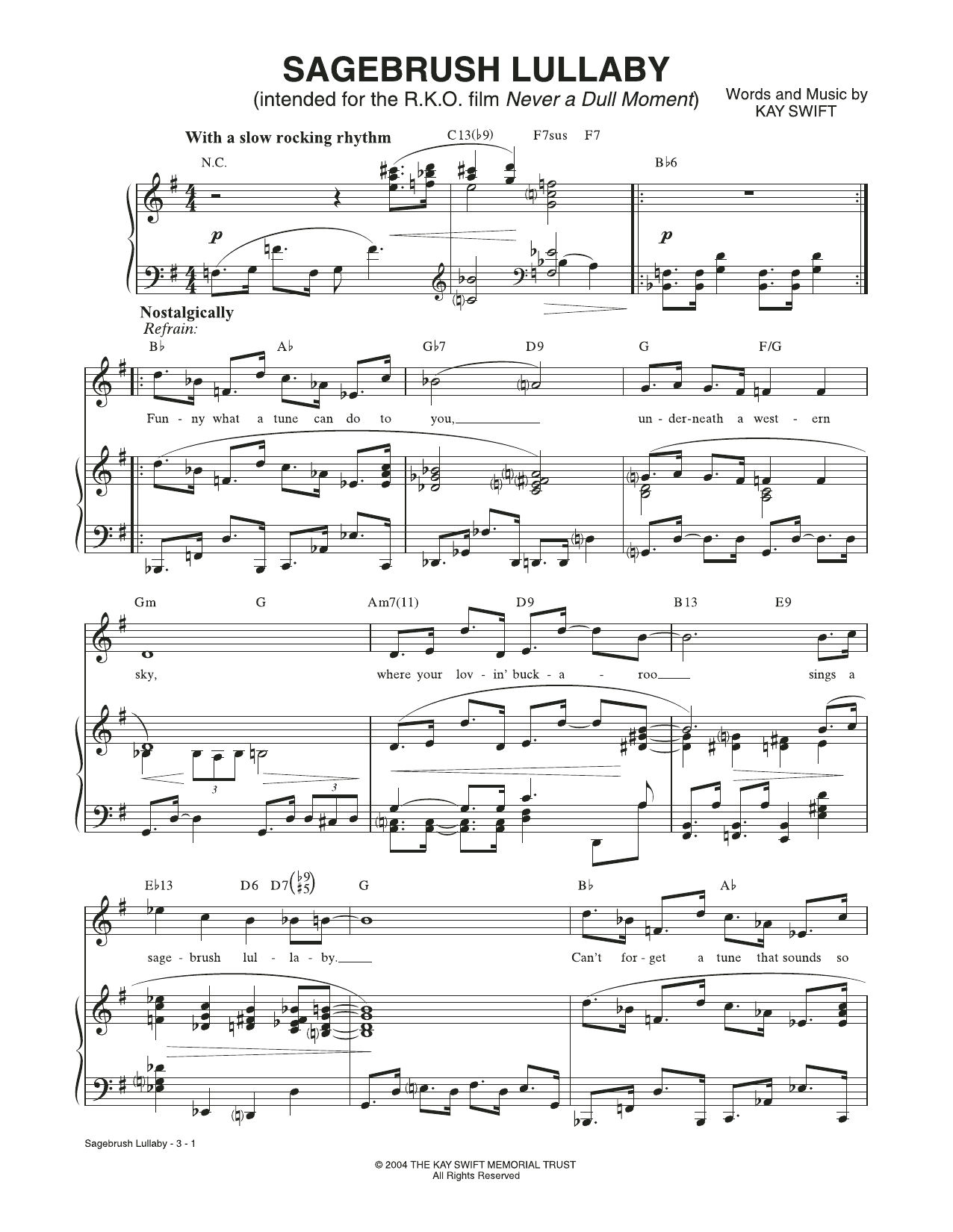 Kay Swift Sagebrush Lullaby (from Never a Dull Moment) sheet music notes and chords arranged for Piano & Vocal
