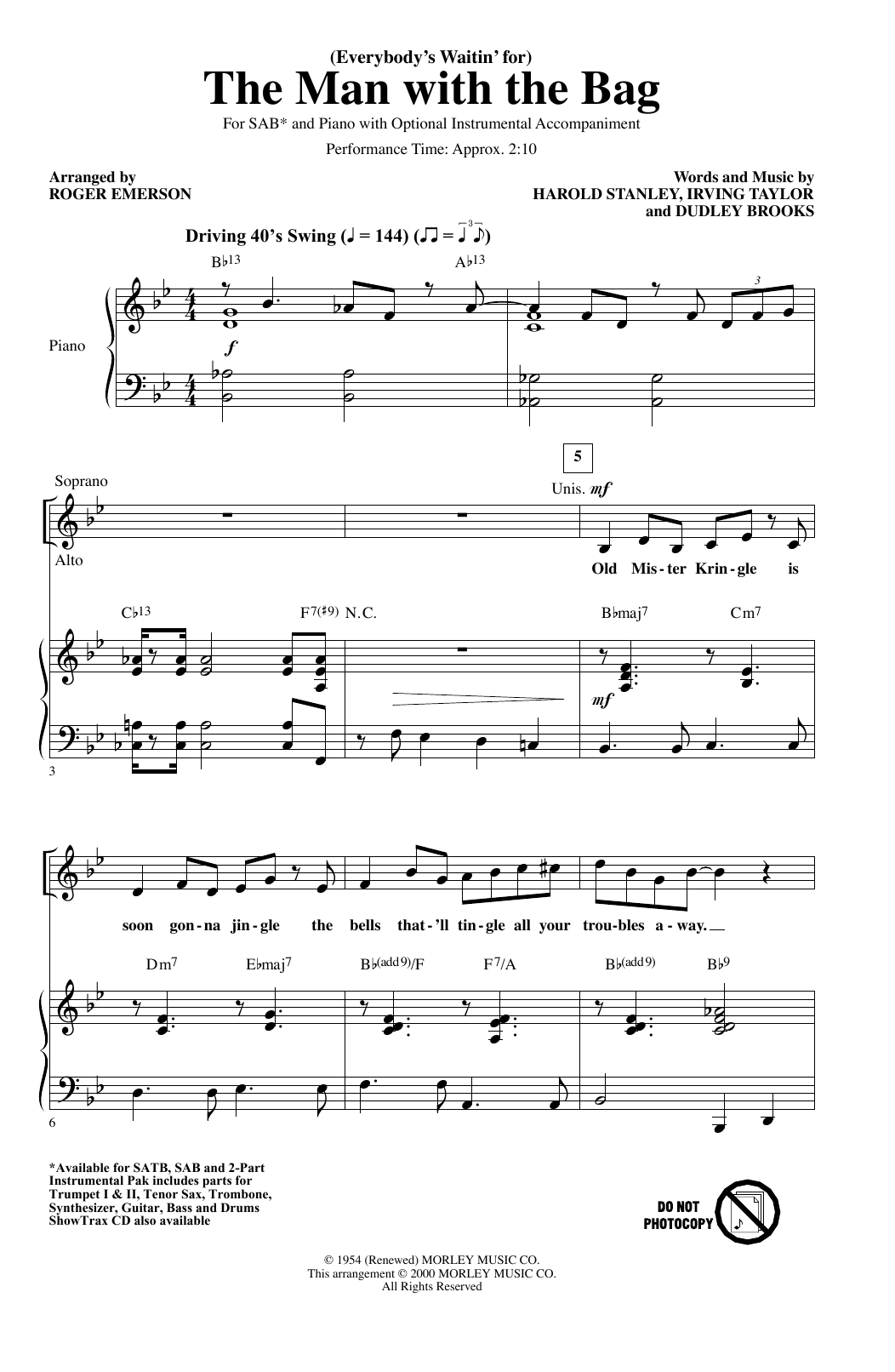 Kaye Starr (Everybody's Waitin' For) The Man With The Bag (arr. Roger Emerson) sheet music notes and chords arranged for SAB Choir
