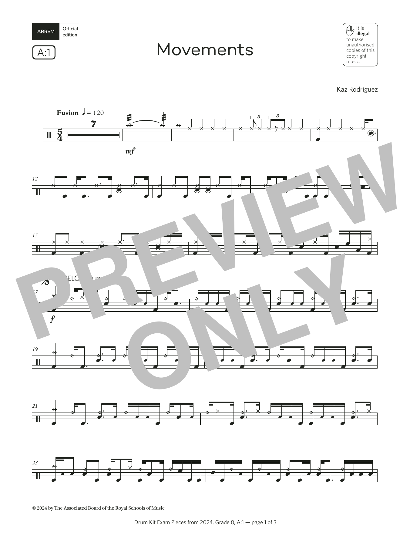 Kaz Rodriguez Movements (Grade 8, list A1, from the ABRSM Drum Kit Syllabus 2024) sheet music notes and chords arranged for Drums
