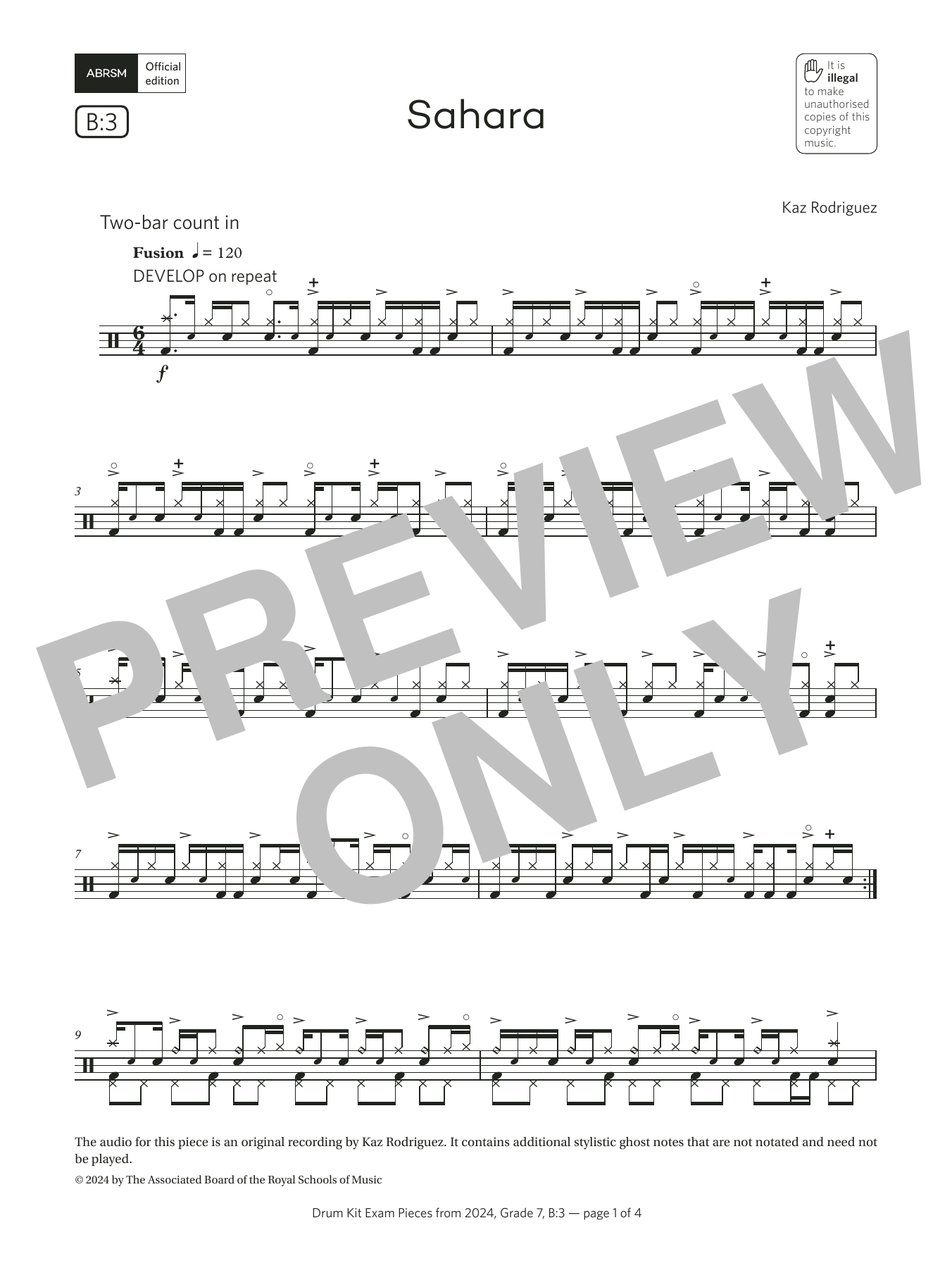 Kaz Rodriguez Sahara (Grade 7, list B3, from the ABRSM Drum Kit Syllabus 2024) sheet music notes and chords arranged for Drums