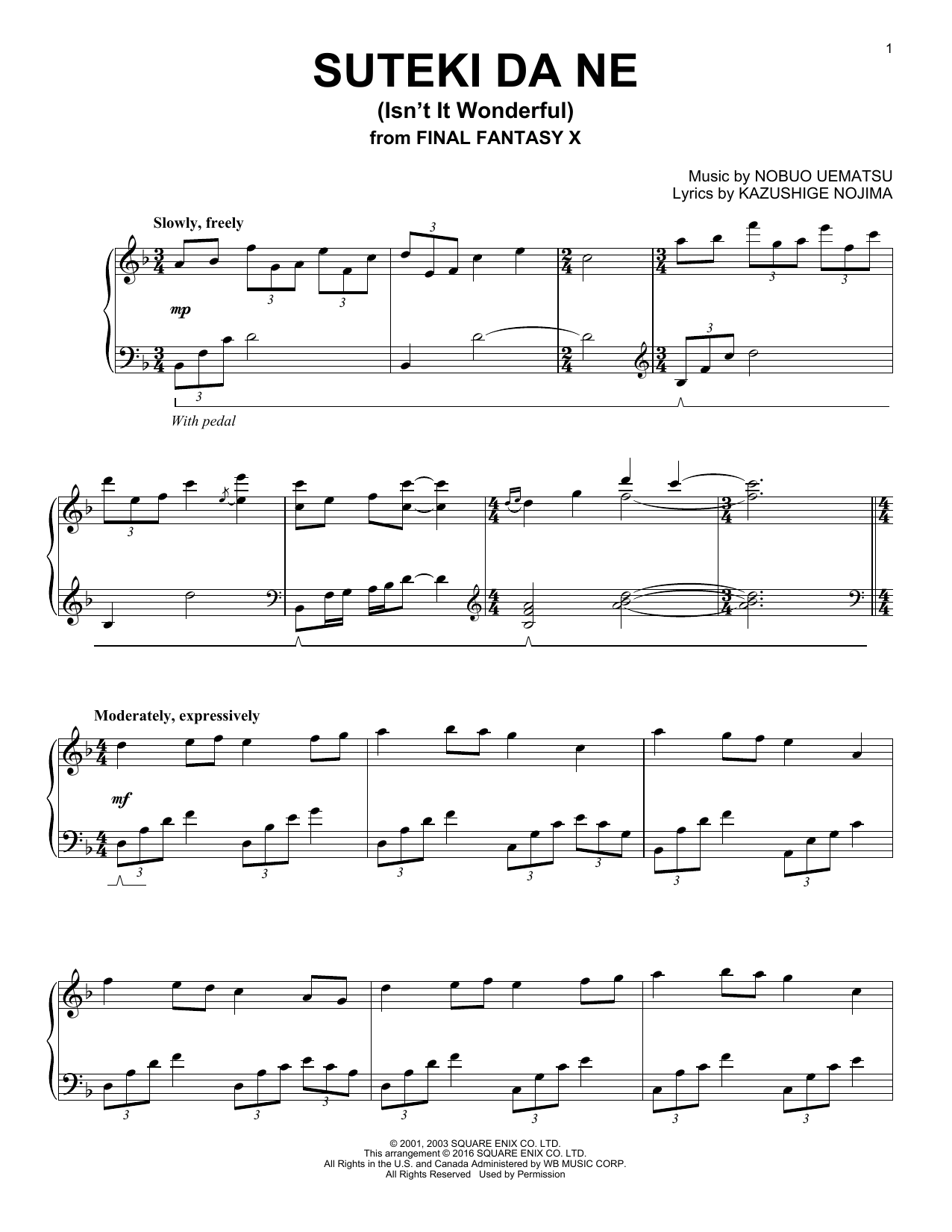 Kazushige Nojima Suteki Da Ne (Isn't It Wonderful) (from Final Fantasy X) sheet music notes and chords arranged for Piano Solo