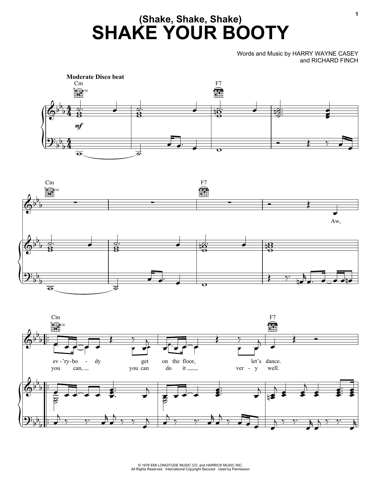 KC & The Sunshine Band Shake Your Booty sheet music notes and chords arranged for Piano, Vocal & Guitar Chords (Right-Hand Melody)