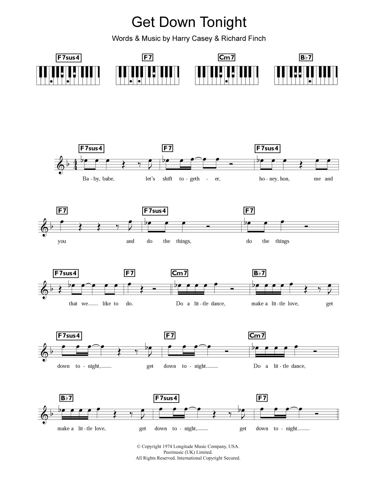 KC and The Sunshine Band Get Down Tonight sheet music notes and chords arranged for Piano Chords/Lyrics