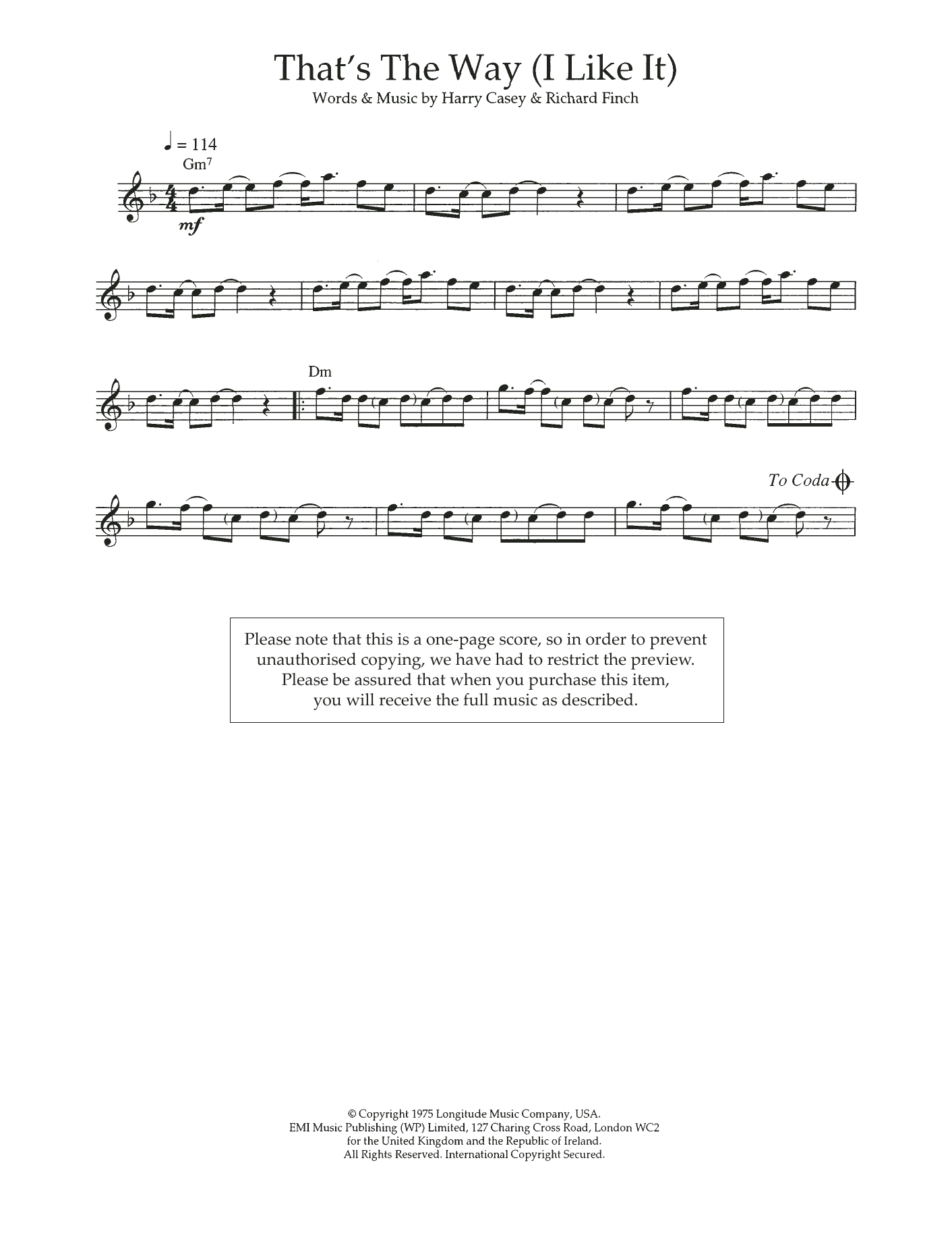 KC and The Sunshine Band That's The Way (I Like It) sheet music notes and chords arranged for Flute Solo