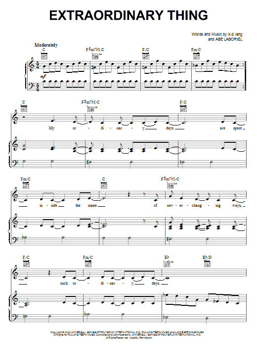 k.d. lang Extraordinary Thing sheet music notes and chords arranged for Piano, Vocal & Guitar Chords (Right-Hand Melody)