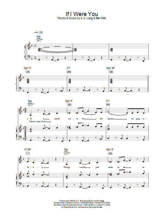 k.d. lang If I Were You sheet music notes and chords arranged for Piano, Vocal & Guitar Chords