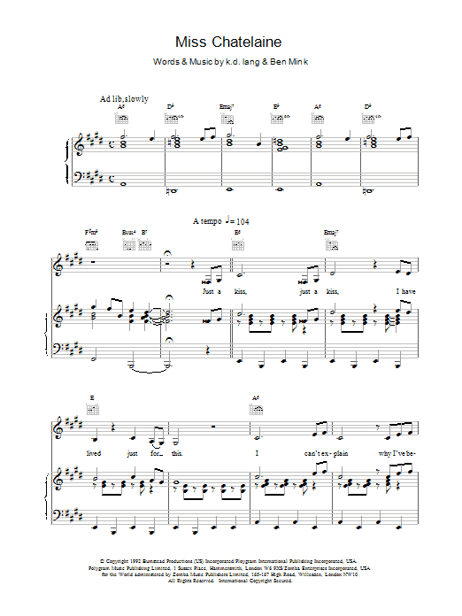 k.d. lang Miss Chatelaine sheet music notes and chords arranged for Piano, Vocal & Guitar Chords (Right-Hand Melody)