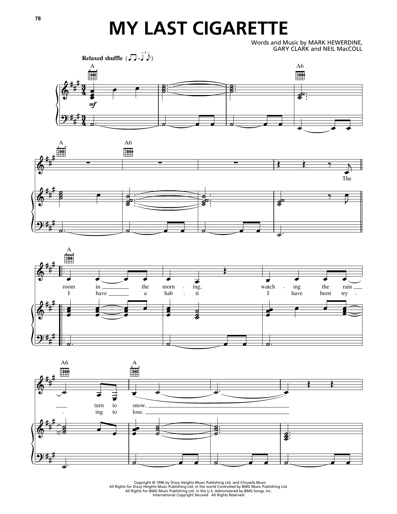 k.d. lang My Last Cigarette sheet music notes and chords arranged for Piano, Vocal & Guitar Chords (Right-Hand Melody)