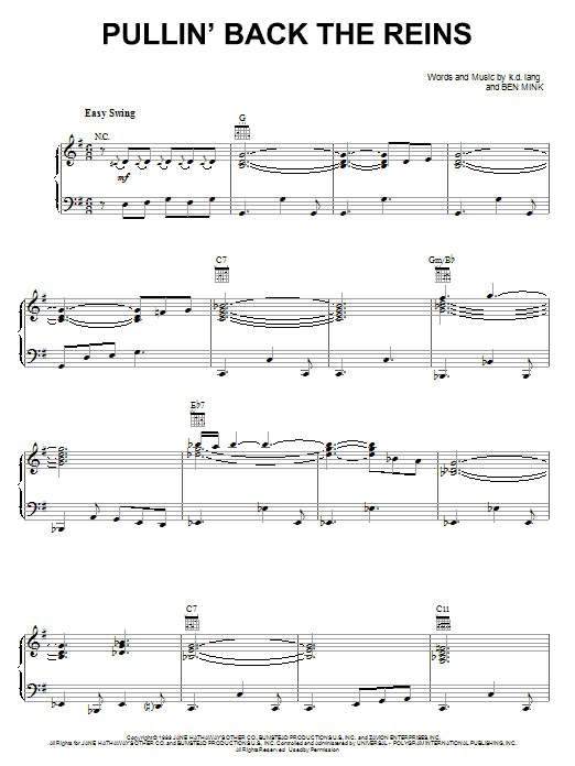 k.d. lang Pullin' Back The Reins sheet music notes and chords arranged for Piano, Vocal & Guitar Chords (Right-Hand Melody)