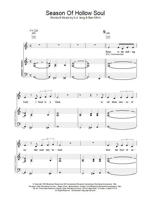 k.d. lang Season of Hollow Soul sheet music notes and chords arranged for Piano, Vocal & Guitar Chords