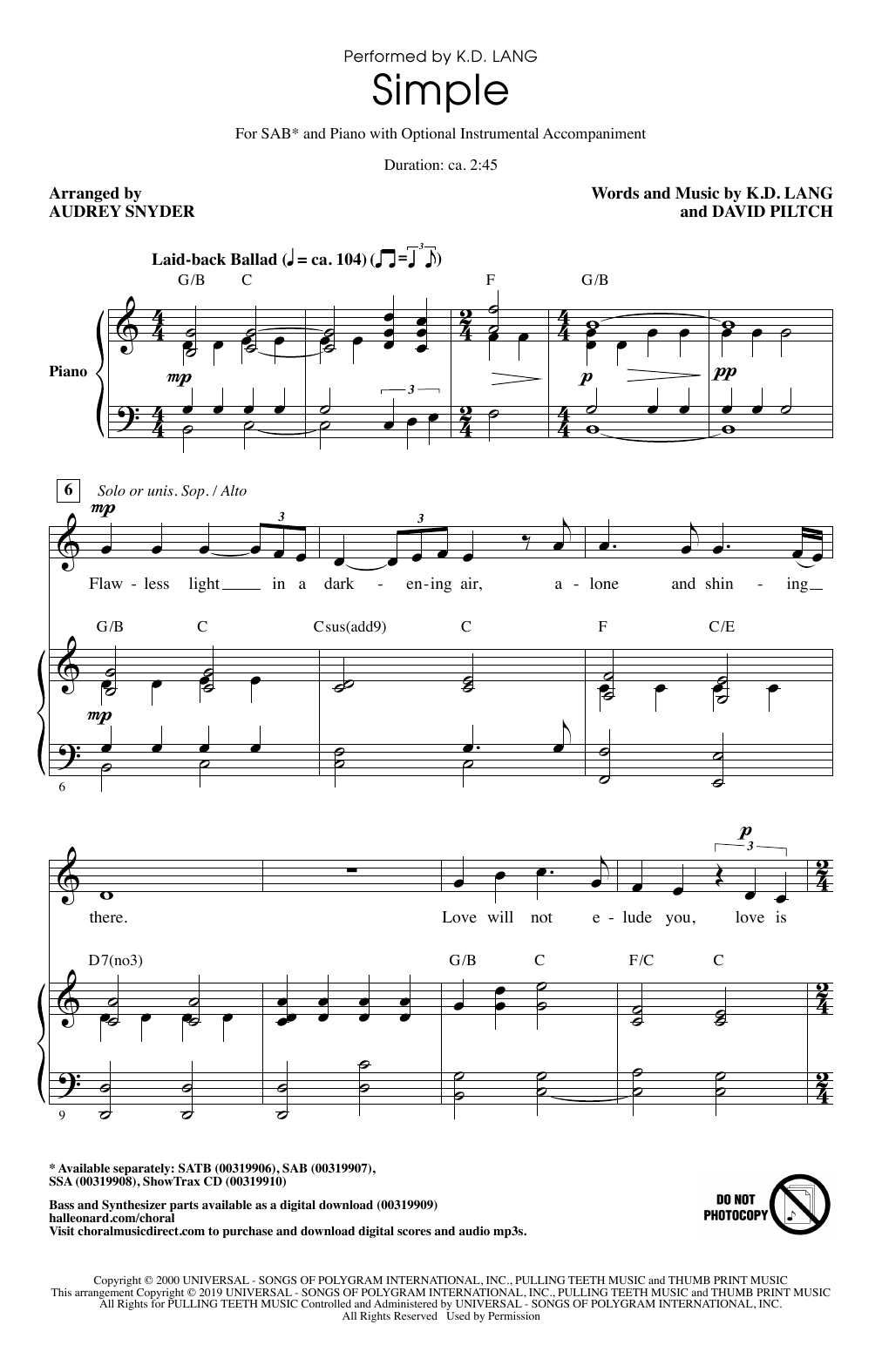 k.d. lang Simple (arr. Audrey Snyder) sheet music notes and chords arranged for SATB Choir