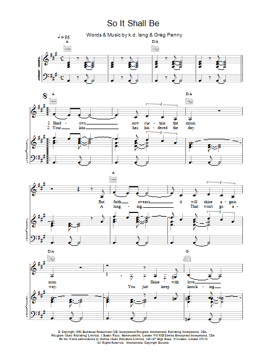 k.d. lang So It Shall Be sheet music notes and chords arranged for Piano, Vocal & Guitar Chords