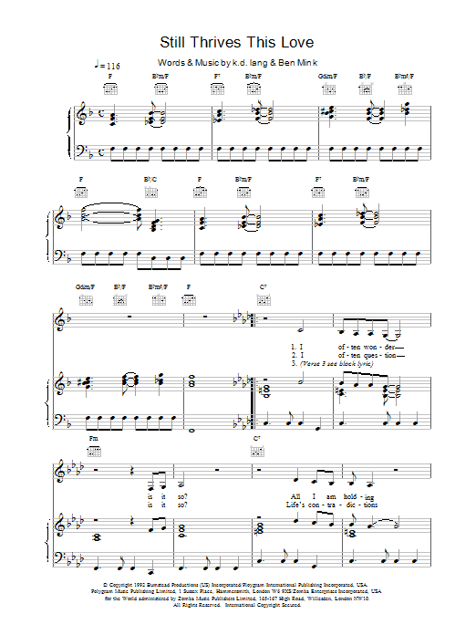 k.d. lang Still Thrives This Love sheet music notes and chords arranged for Piano, Vocal & Guitar Chords