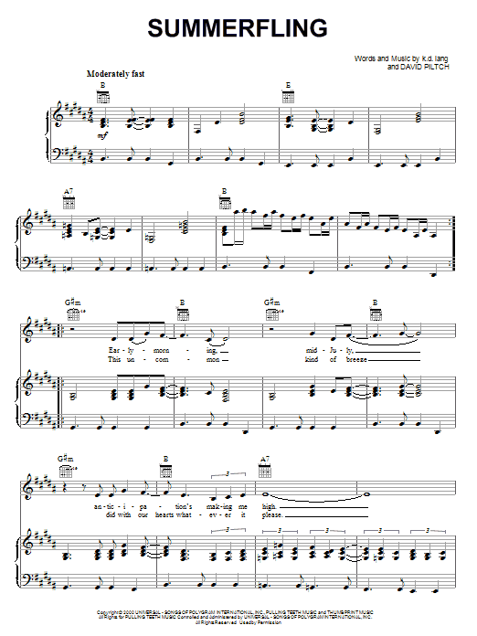 k.d. lang Summerfling sheet music notes and chords arranged for Piano, Vocal & Guitar Chords (Right-Hand Melody)