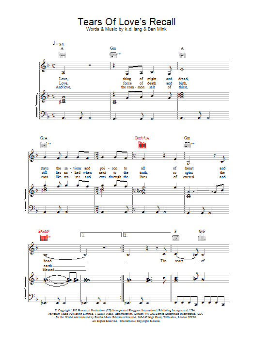k.d. lang Tears of Love's Recall sheet music notes and chords arranged for Piano, Vocal & Guitar Chords