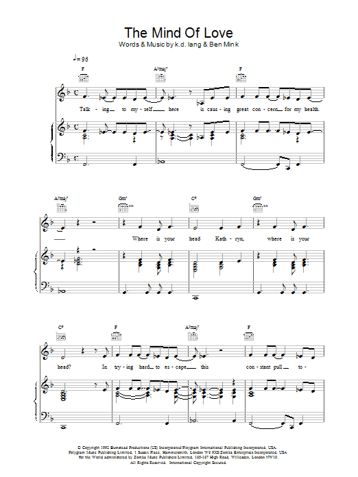k.d. lang The Mind of Love sheet music notes and chords arranged for Piano, Vocal & Guitar Chords