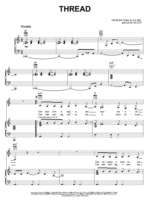 k.d. lang Thread sheet music notes and chords arranged for Piano, Vocal & Guitar Chords (Right-Hand Melody)