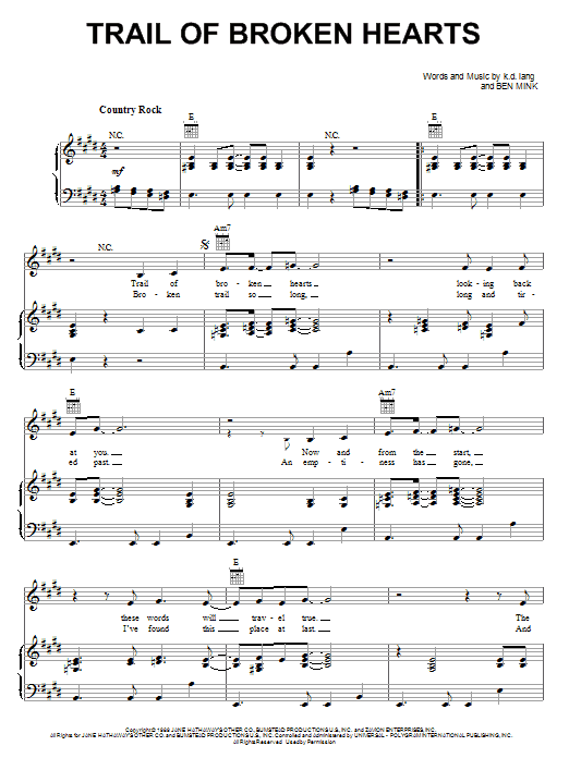 k.d. lang Trail Of Broken Hearts sheet music notes and chords arranged for Piano, Vocal & Guitar Chords (Right-Hand Melody)