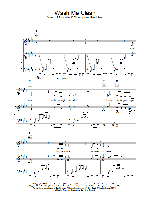 k.d. lang Wash Me Clean sheet music notes and chords arranged for Piano, Vocal & Guitar Chords (Right-Hand Melody)