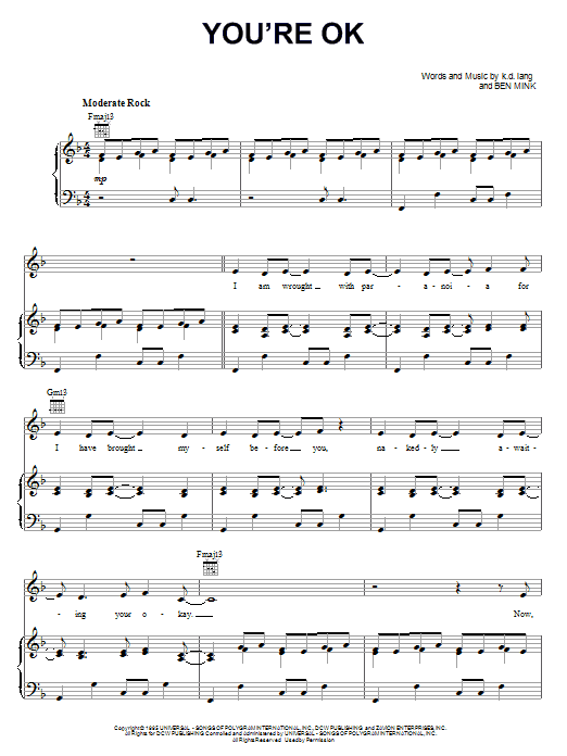 k.d. lang You're OK sheet music notes and chords arranged for Piano, Vocal & Guitar Chords (Right-Hand Melody)