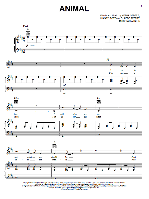 Ke$ha Animal sheet music notes and chords arranged for Piano, Vocal & Guitar Chords (Right-Hand Melody)