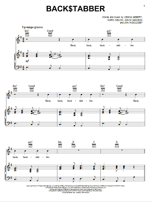 Ke$ha Back$tabber sheet music notes and chords arranged for Piano, Vocal & Guitar Chords (Right-Hand Melody)