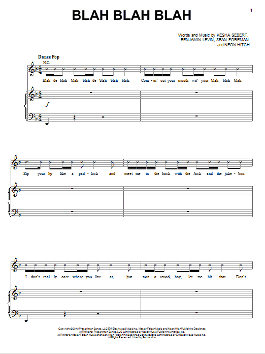 Ke$ha Blah Blah Blah sheet music notes and chords arranged for Piano, Vocal & Guitar Chords (Right-Hand Melody)