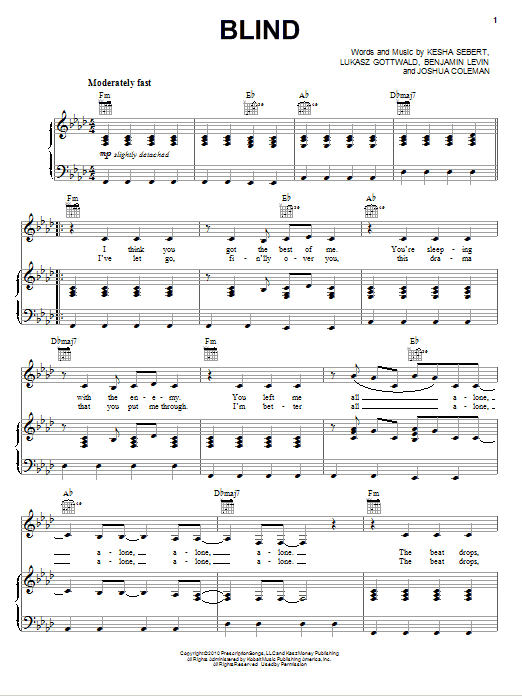 Ke$ha Blind sheet music notes and chords arranged for Piano, Vocal & Guitar Chords (Right-Hand Melody)