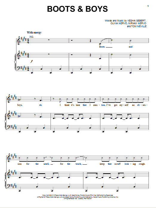 Ke$ha Boots & Boys sheet music notes and chords arranged for Piano, Vocal & Guitar Chords (Right-Hand Melody)