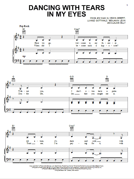 Ke$ha Dancing With Tears In My Eyes sheet music notes and chords arranged for Piano, Vocal & Guitar Chords (Right-Hand Melody)