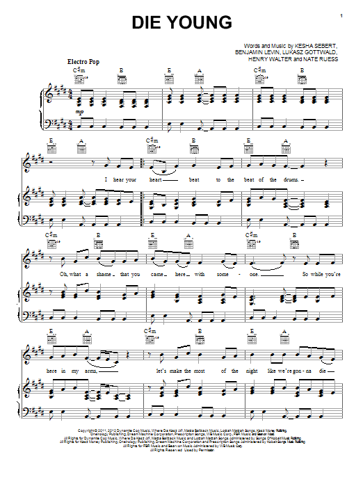 Ke$ha Die Young sheet music notes and chords arranged for Easy Guitar Tab