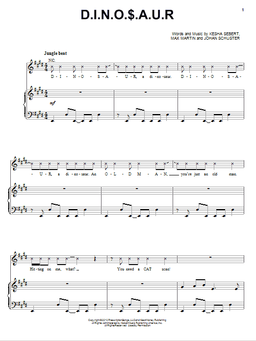 Ke$ha D.I.N.O.S.A.U.R. sheet music notes and chords arranged for Piano, Vocal & Guitar Chords (Right-Hand Melody)