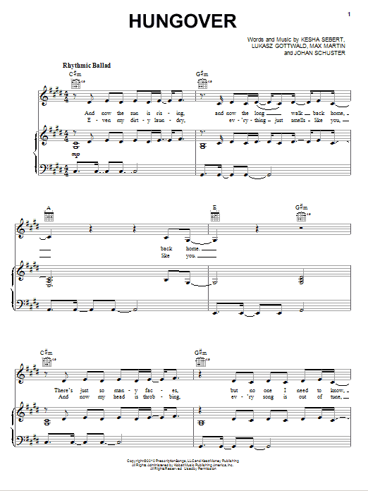 Ke$ha Hungover sheet music notes and chords arranged for Piano, Vocal & Guitar Chords (Right-Hand Melody)