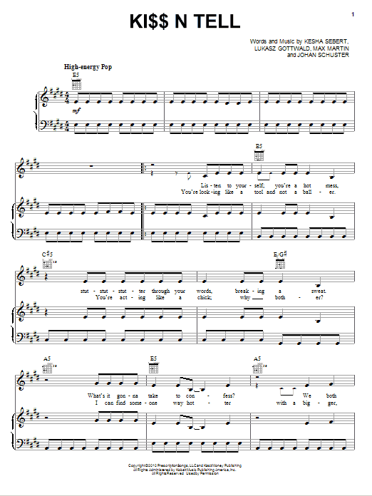 Ke$ha Ki$$ N Tell sheet music notes and chords arranged for Piano, Vocal & Guitar Chords (Right-Hand Melody)