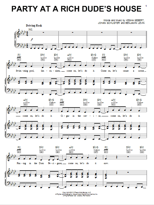 Ke$ha Party At A Rich Dude's House sheet music notes and chords arranged for Piano, Vocal & Guitar Chords (Right-Hand Melody)