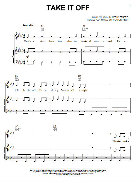Ke$ha Take It Off sheet music notes and chords arranged for Piano, Vocal & Guitar Chords (Right-Hand Melody)