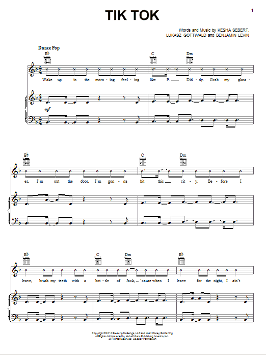 Ke$ha Tik Tok sheet music notes and chords arranged for Piano, Vocal & Guitar Chords