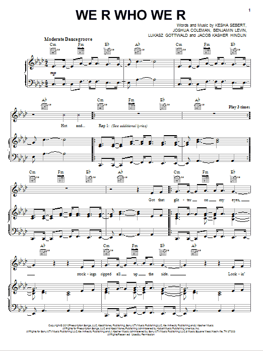 Ke$ha We R Who We R sheet music notes and chords arranged for Piano, Vocal & Guitar Chords (Right-Hand Melody)