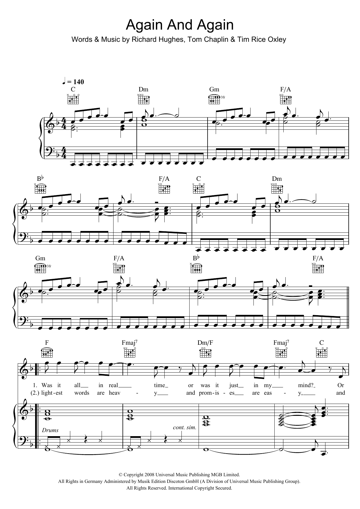 Keane Again And Again sheet music notes and chords arranged for Piano, Vocal & Guitar Chords