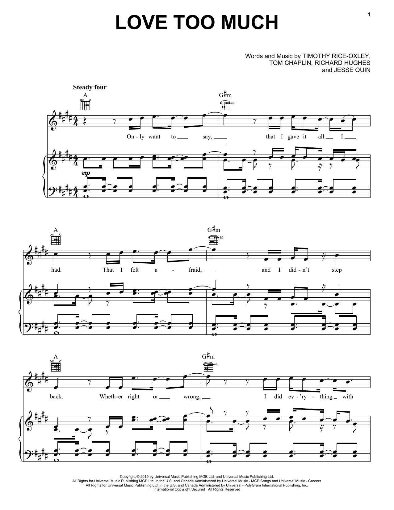 Keane Love Too Much sheet music notes and chords arranged for Piano, Vocal & Guitar Chords (Right-Hand Melody)