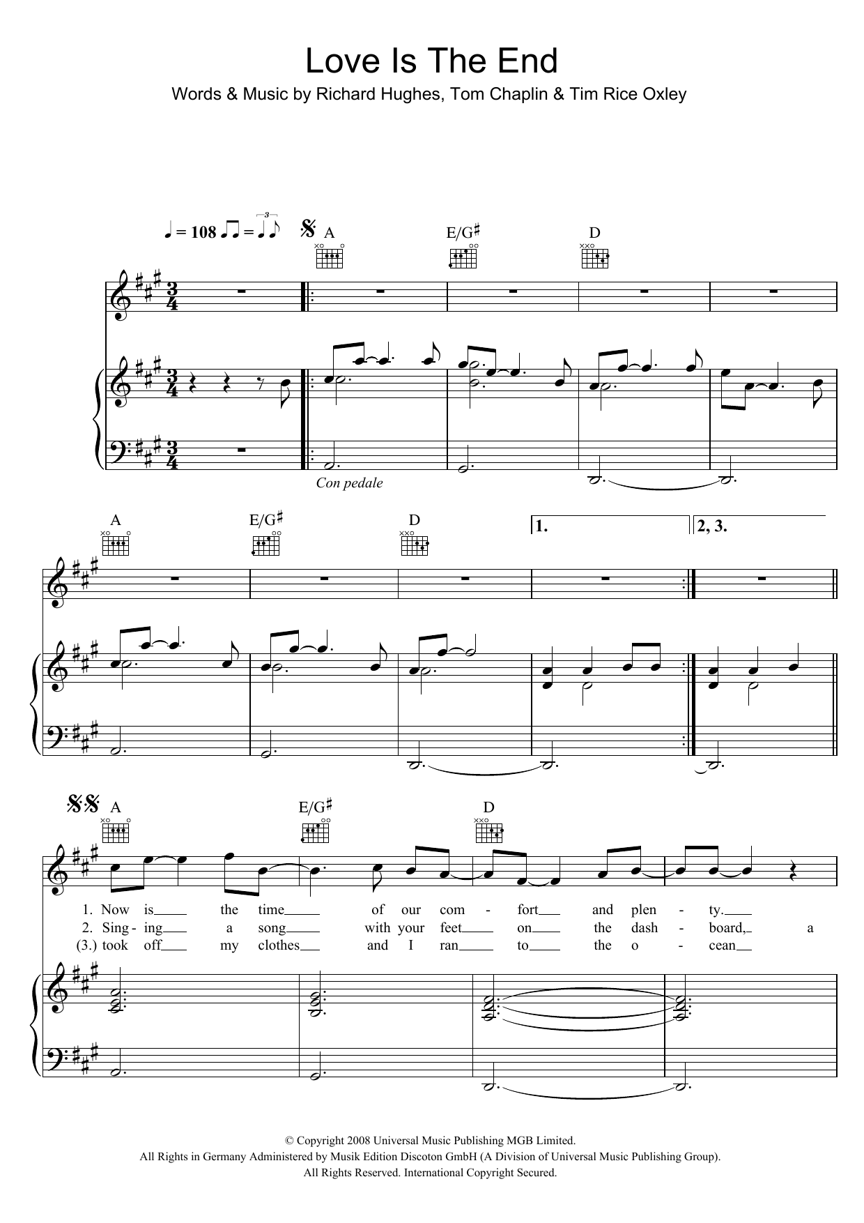 Keane Love Is The End sheet music notes and chords arranged for Piano, Vocal & Guitar Chords