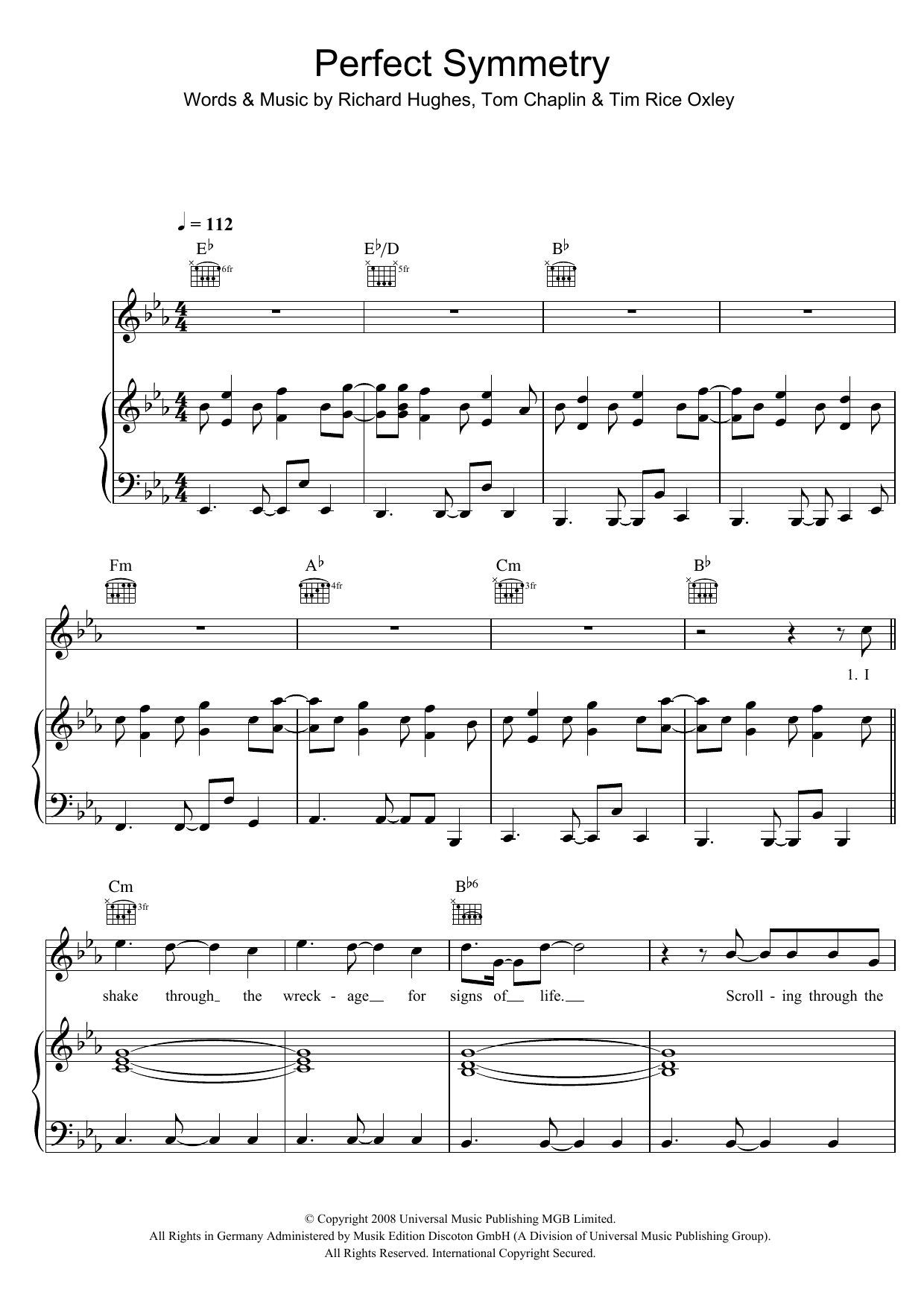 Keane Perfect Symmetry sheet music notes and chords arranged for Piano, Vocal & Guitar Chords