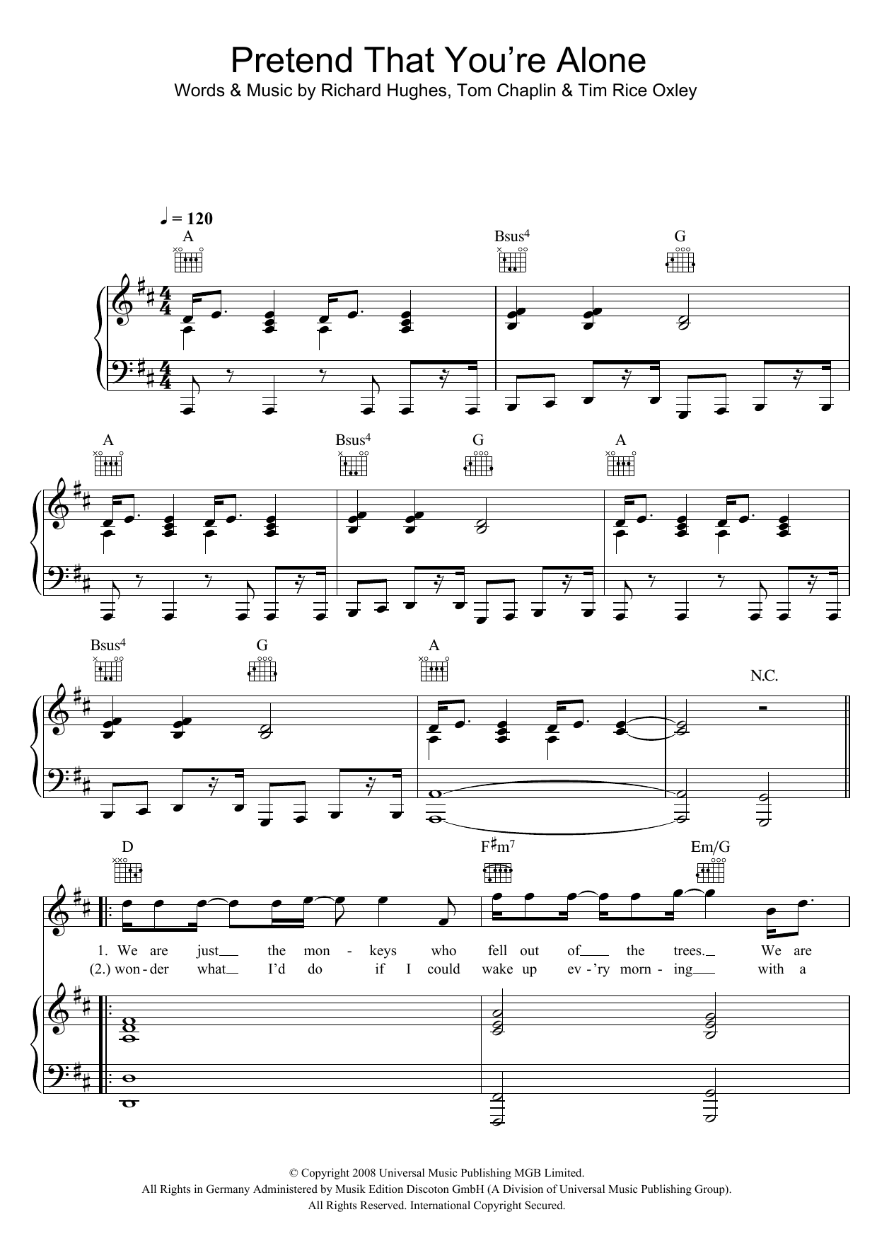 Keane Pretend That You're Alone sheet music notes and chords arranged for Piano, Vocal & Guitar Chords