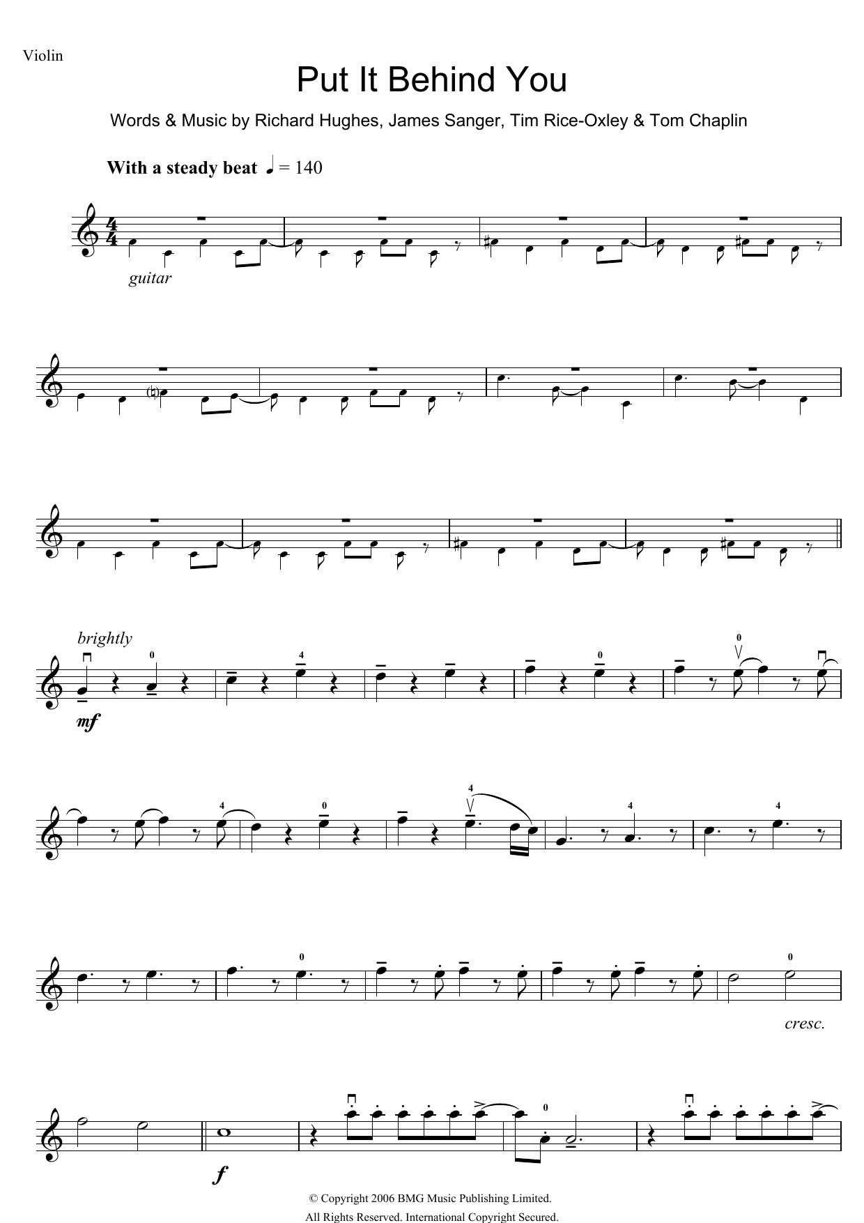 Keane Put It Behind You sheet music notes and chords arranged for Violin Solo