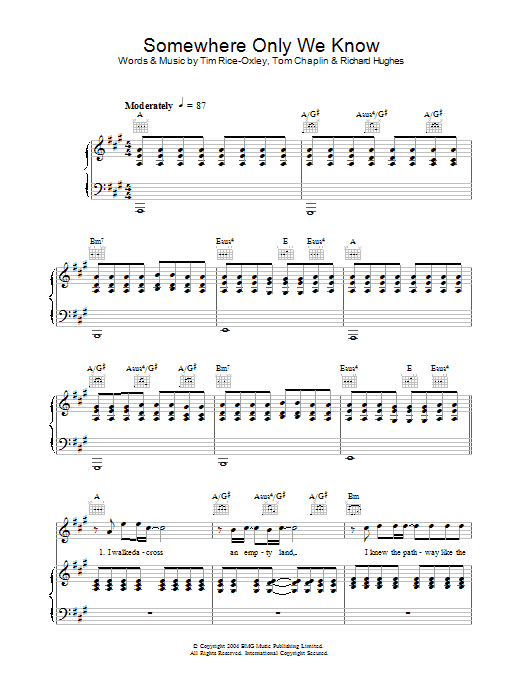 Keane Somewhere Only We Know sheet music notes and chords arranged for 5-Finger Piano