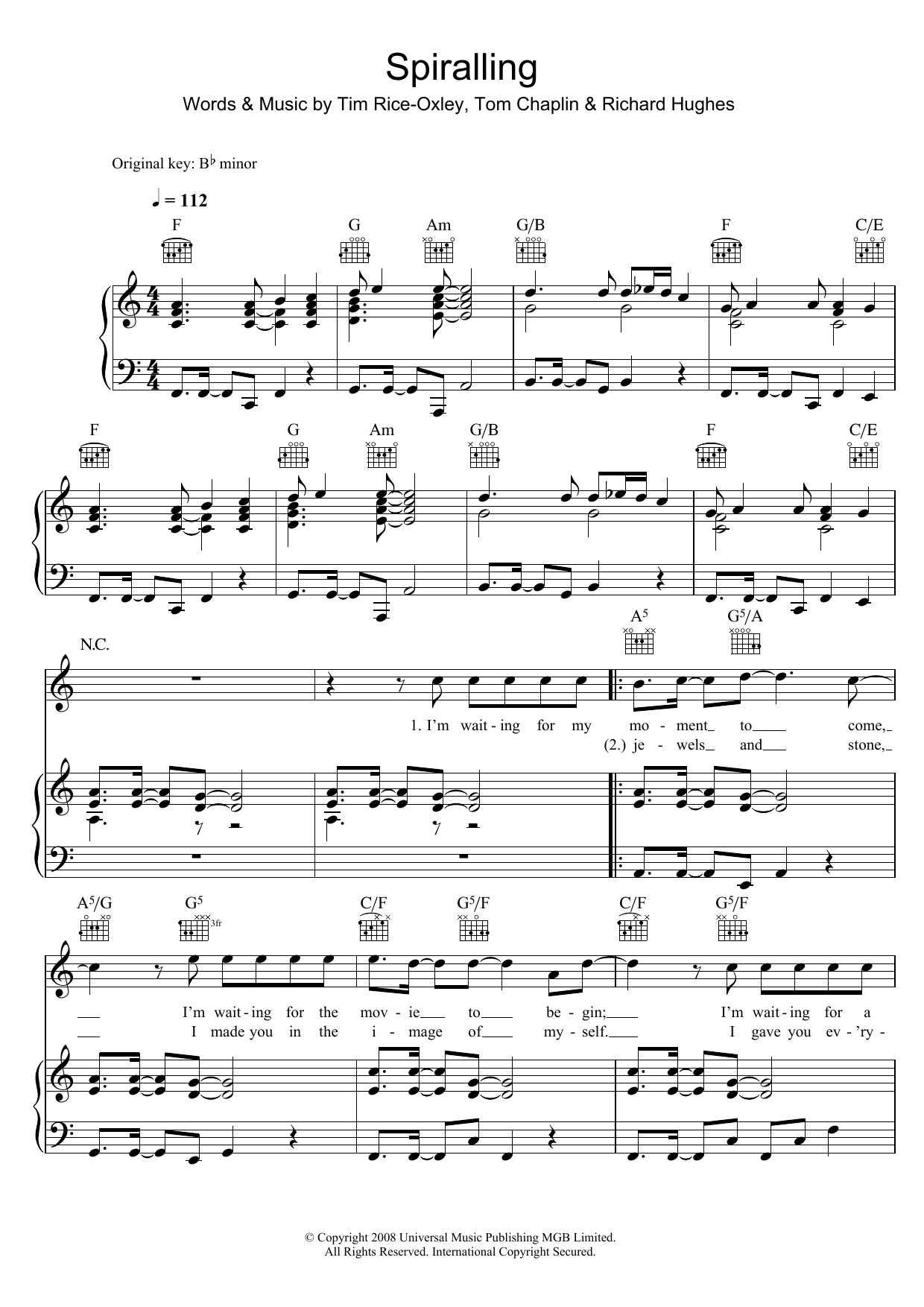 Keane Spiralling sheet music notes and chords arranged for Piano, Vocal & Guitar Chords