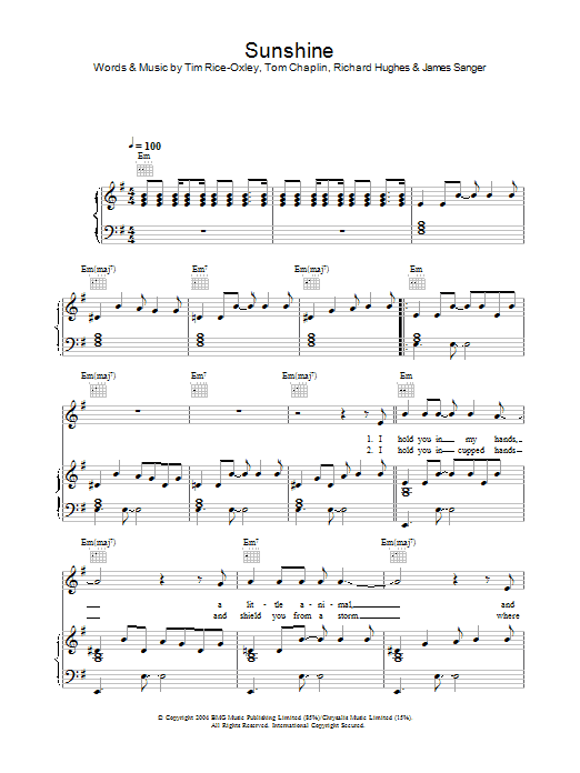 Keane Sunshine sheet music notes and chords. Download Printable PDF.
